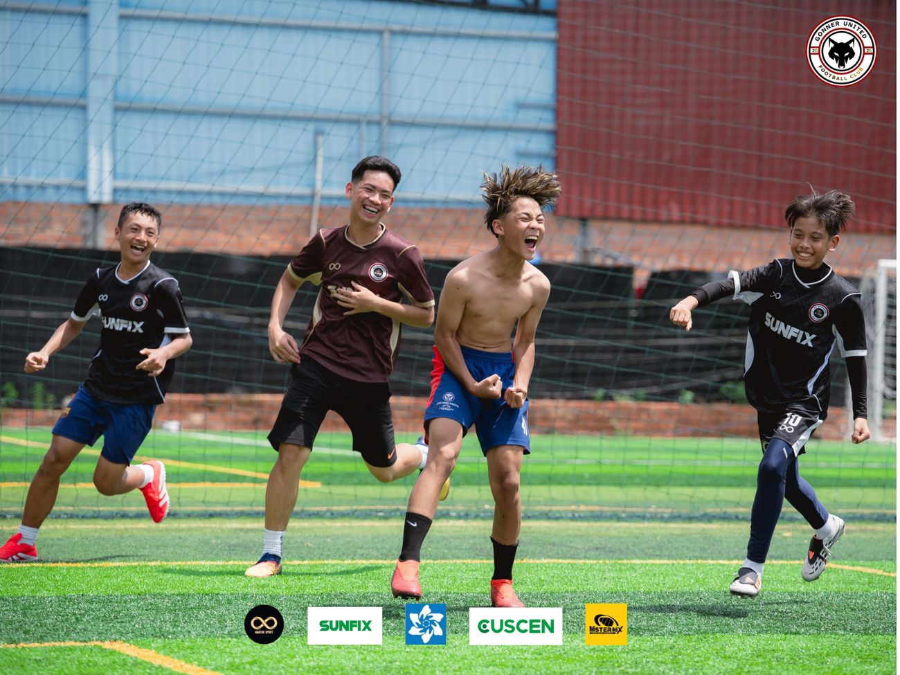 Four Gonner United FC players running and celebrating on the pitch, one shouting with his fists clenched